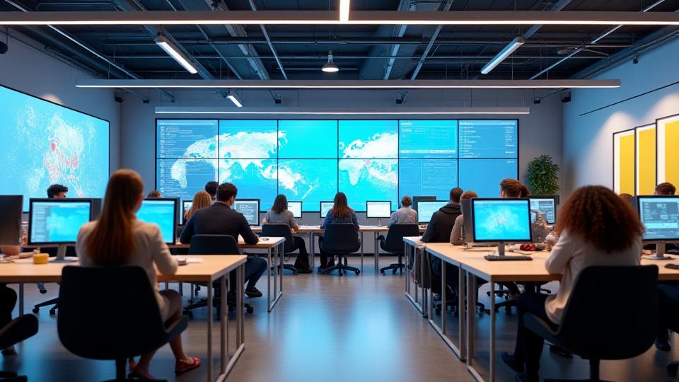 Modern, vibrant learning space at Orvindrelaxanto with students working on computers and collaborating.