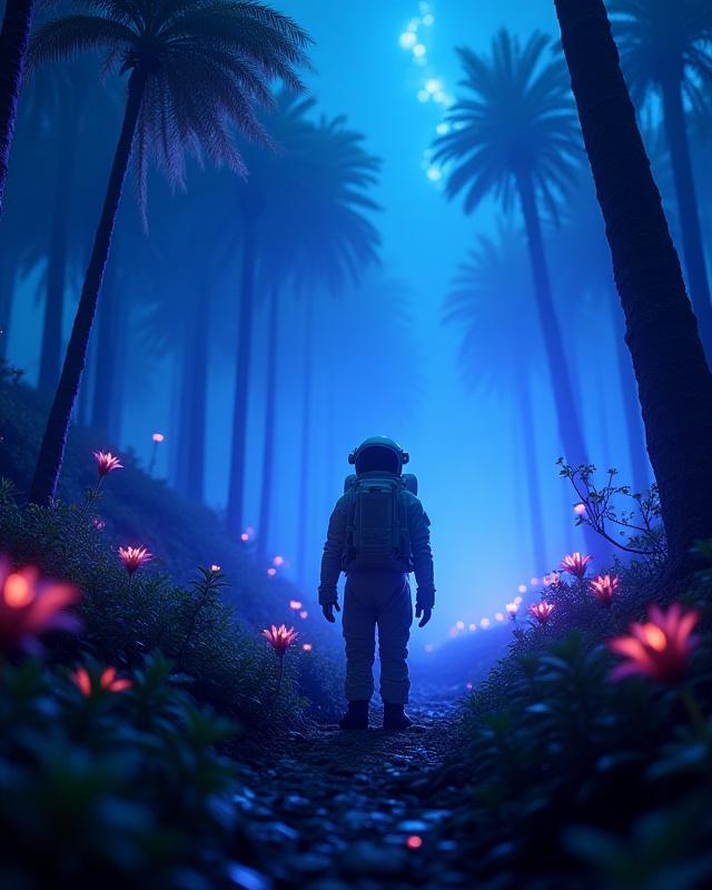 Cinematic photo of an astronaut discovering a glowing forest on a strange planet, refined by human designer