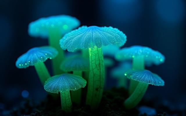 Macro shot of bioluminescent plants in a dark forest, AI generated art refined by human