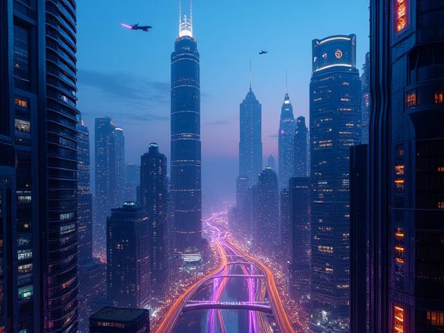 Futuristic cityscape at dusk with neon lights and flying vehicles, AI generated and human enhanced