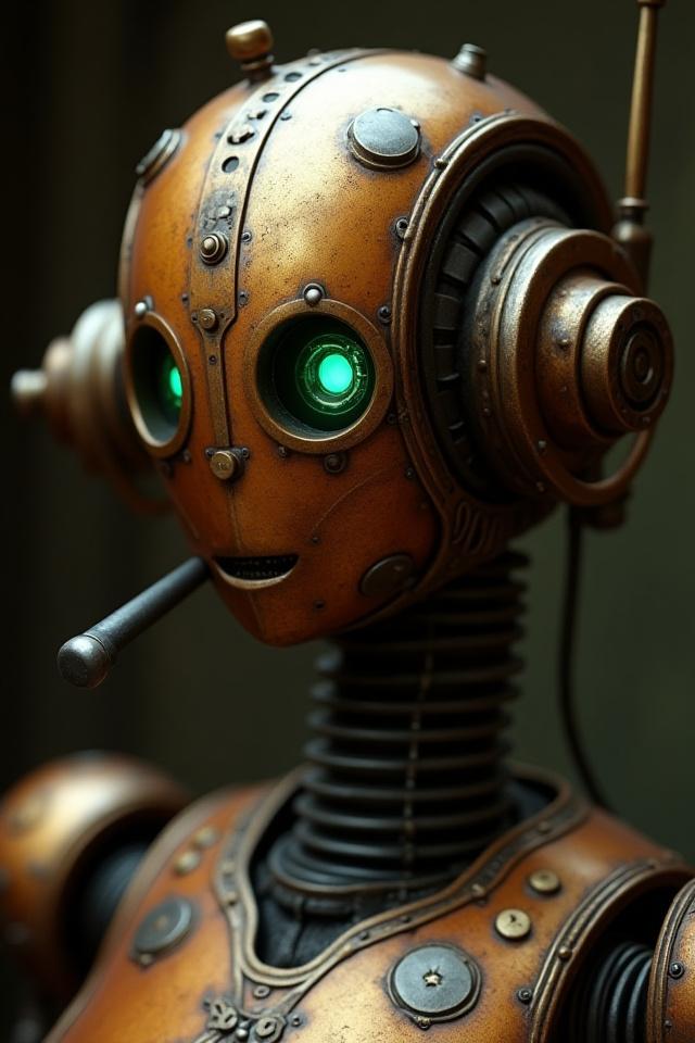 Portrait of a vintage-style robot with intricate details, concept art, AI base with human adjustments