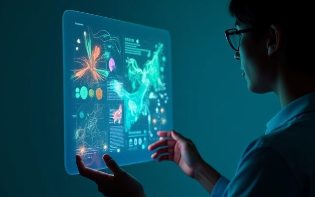 Human designer interacting with a holographic AI interface showing mood boards