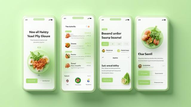 Animated prototype of a sophisticated mobile application showing user flow for a healthy meal delivery service.
