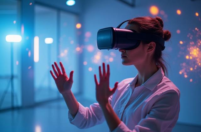 Person interacting with a futuristic augmented reality interface, 3D graphics floating in space