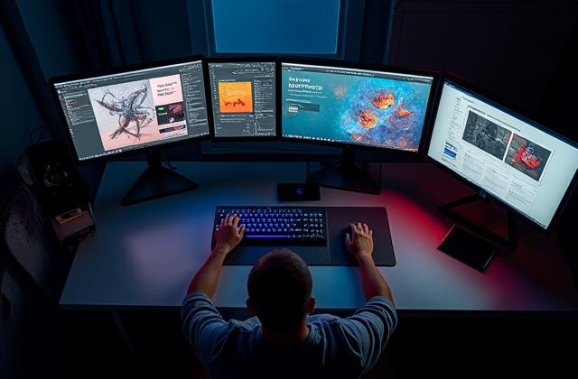Close-up of hands working on Adobe Photoshop, Illustrator, and InDesign interfaces on multiple screens