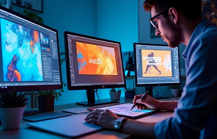 Dynamic illustration of creative design work being made on digital screens and tablets with abstract graphic elements.