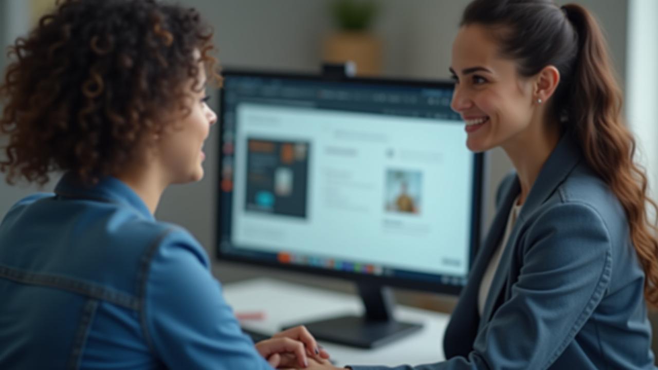 A professional career coach reviewing a design portfolio on a laptop screen with a student during an online video call