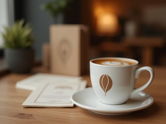 Student project for a modern coffee brand, showing logo on a cup and menu.