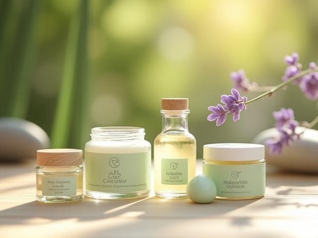 Student project for a wellness brand, showing logo on bottles and organic textures.