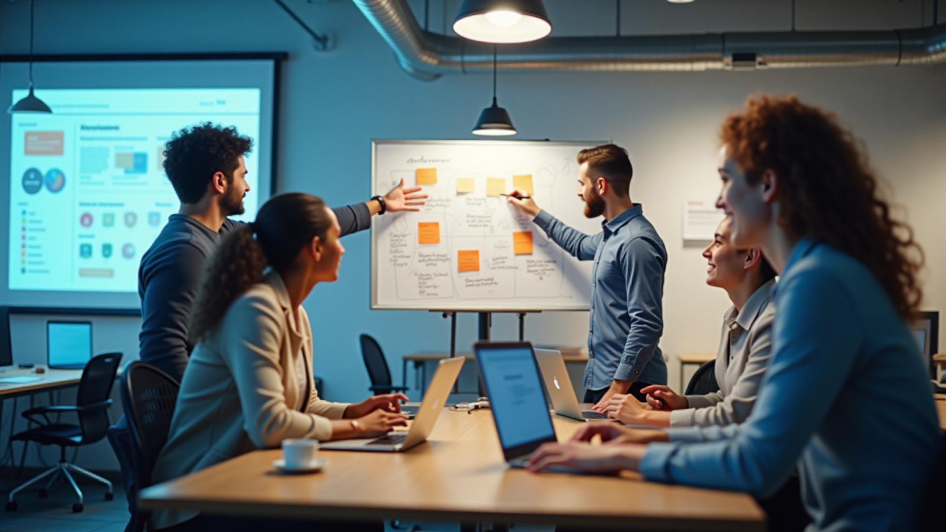 Team collaborating on UI UX design with post-it notes and digital mockups